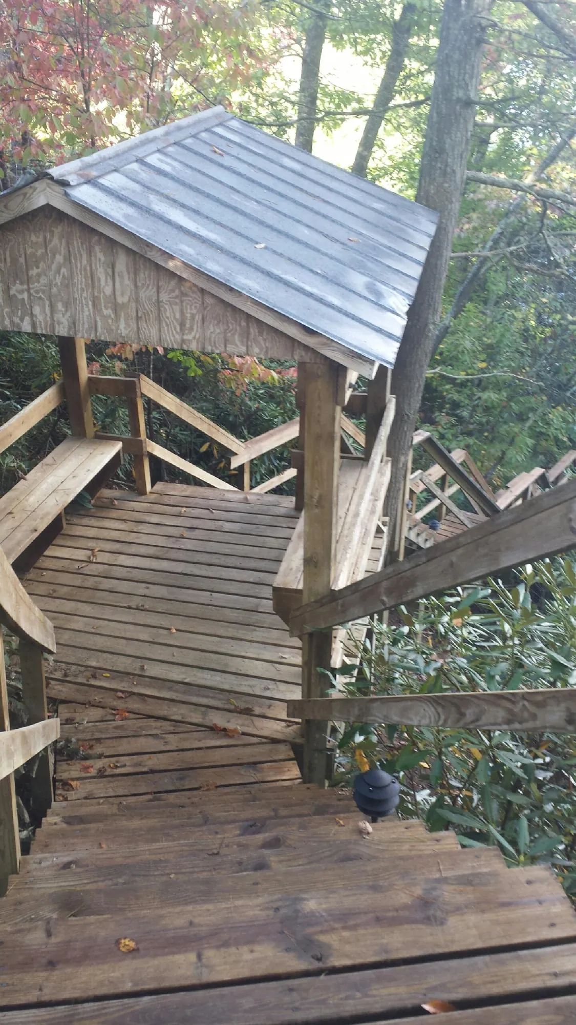 Metal roofed shelter over wooden steps on a wooded walkway — Skylight Repair & Installation work by our crew in Jenison